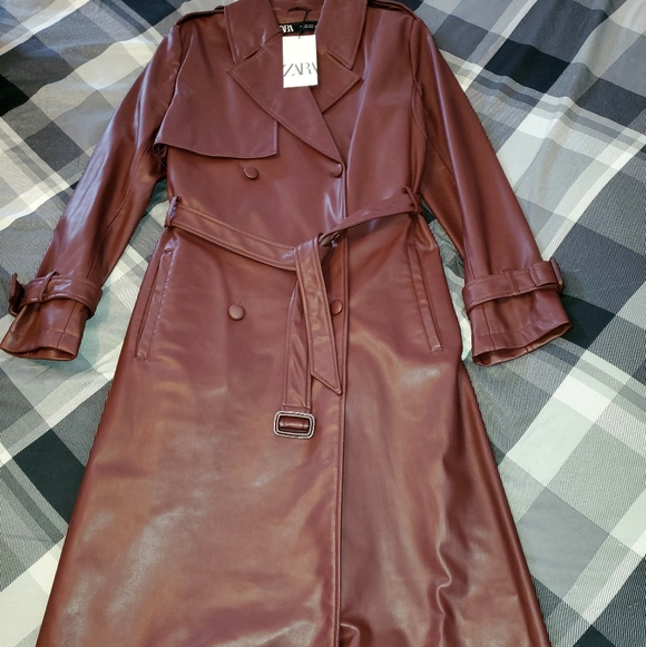 NWT ZARA Burgundy Faux Leather Trench Coat, Sz L - Picture 13 of 16